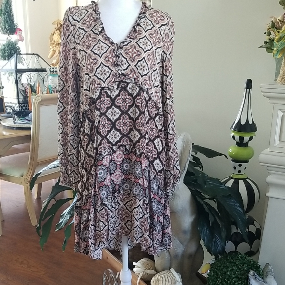 Anthropologie Patterned Dress in Brown and Cream